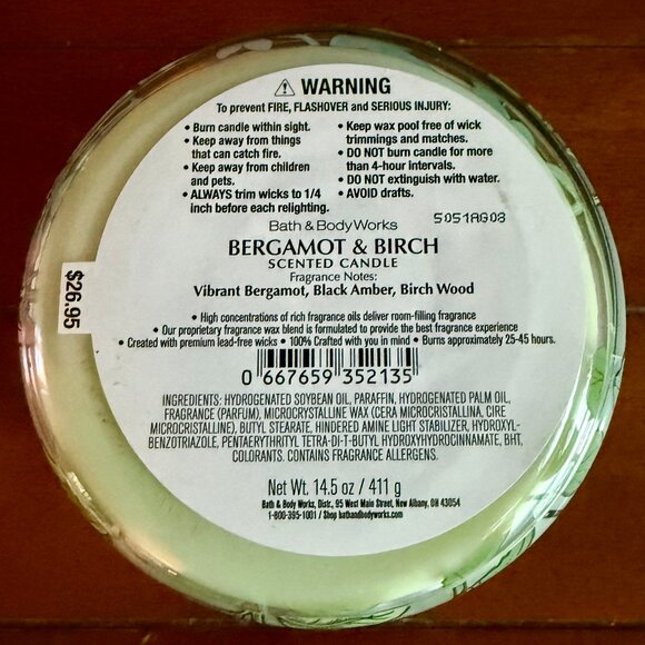 NEW BERGAMOT & BIRCH 3-Wick 14.5 oz Candle Bath & Body Works - Picture 2 of 3